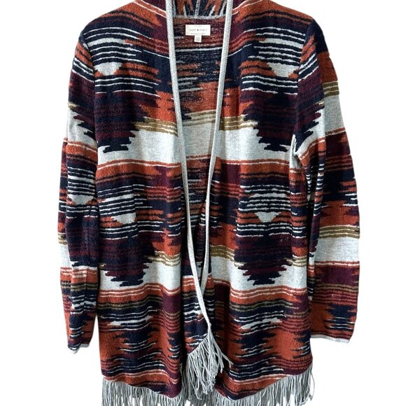 Lucky Brand Southwest Fringe Cardigan Size Large Navy Copper Burgundy Gray - Picture 3 of 8